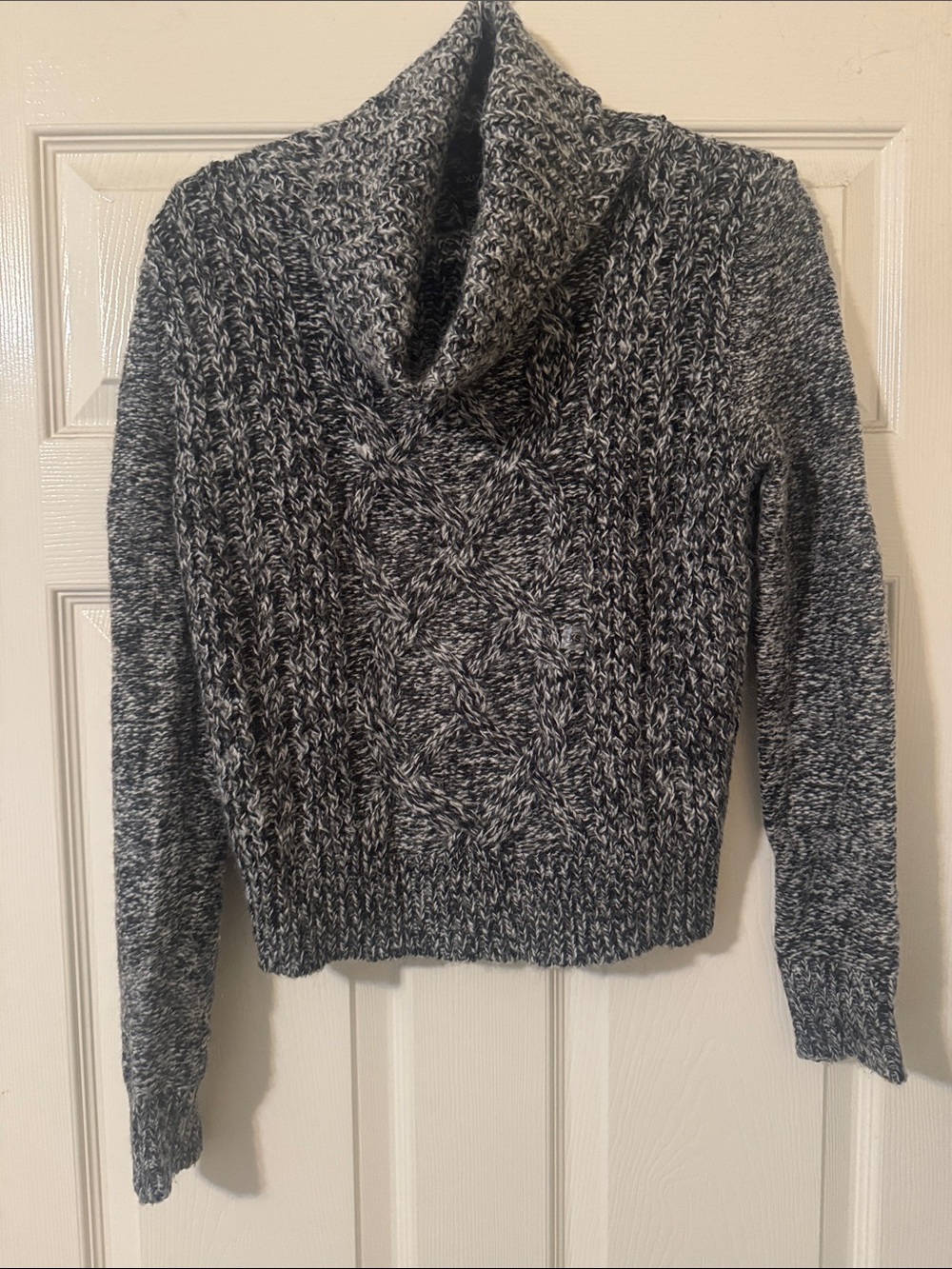 Express Black & White Marled Cable Knit Cowl Neck Sweater